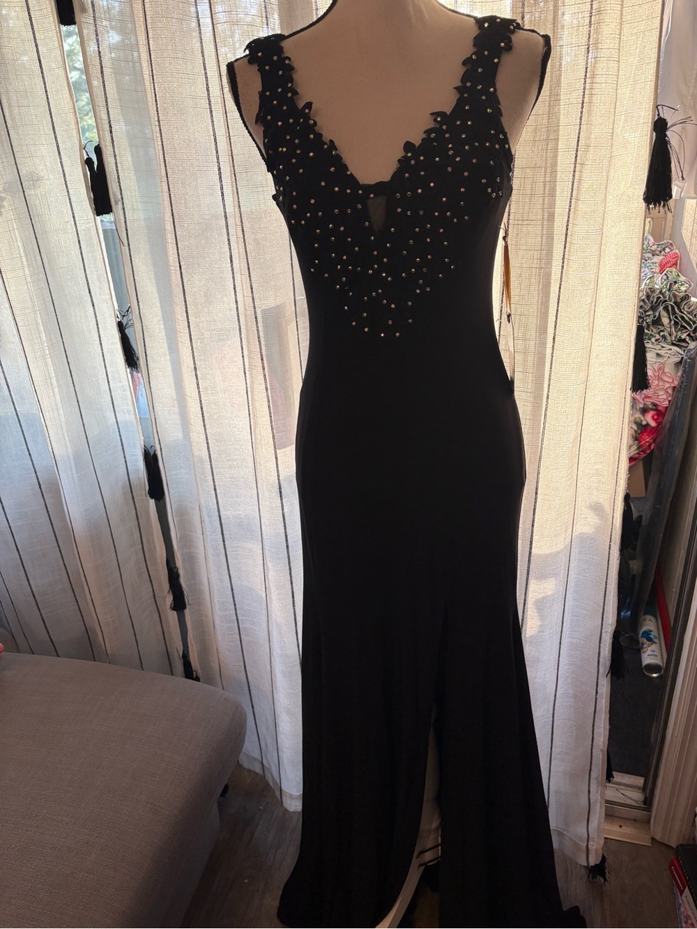 Black Beaded Sleeveless Prom Gown